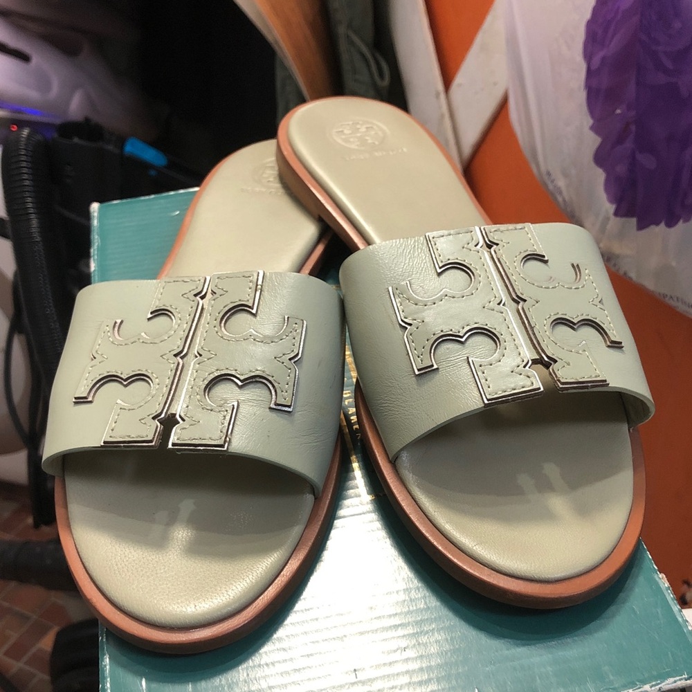 Tory Burch Mint Green Miller Leather Slide Sandals - Picture 5 of 5
